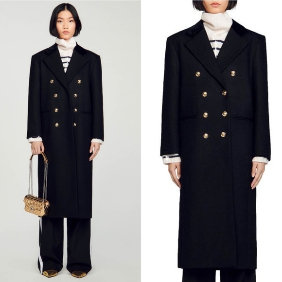 New Sandro "OFFY" Double Breasted Black Long Coat 4 US/36 FR NWT - Picture 3 of 13